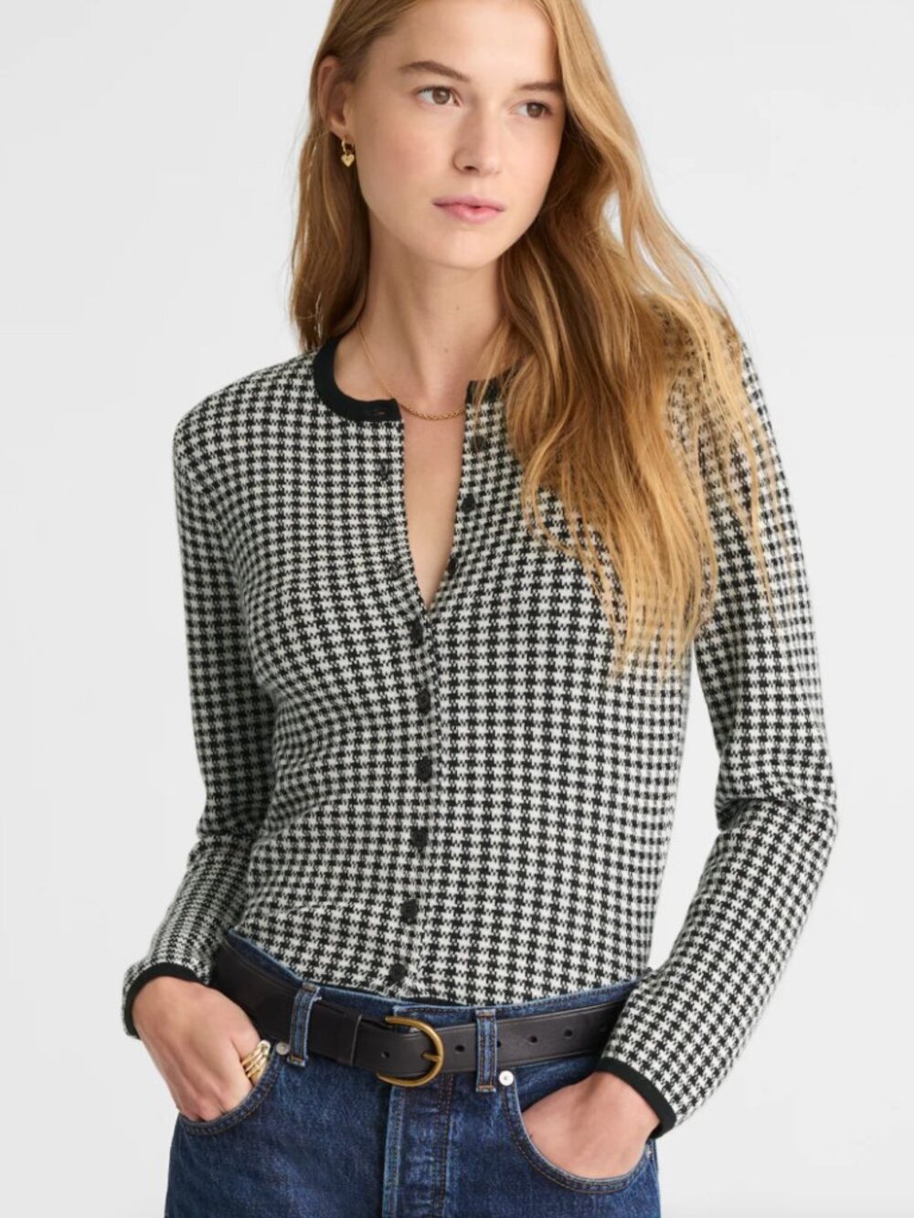 Madewell Houndstooth Crewneck Cardigan 100% Merino Wool Womens Size XXL